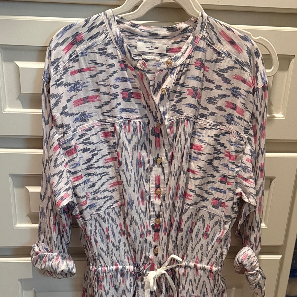 Isabel Marant Etoile White Ikat-Print Jumpsuit with Pink & Navy Accents